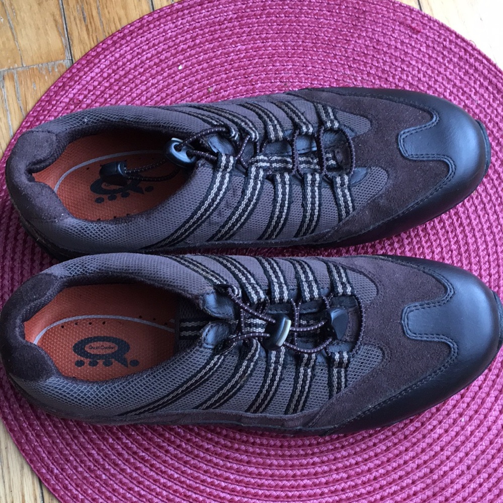 Brown anti slip, non marking shoes, leather on side.